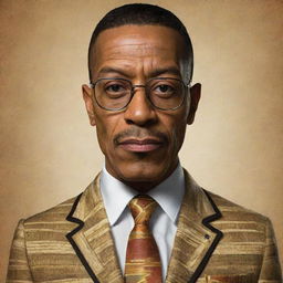 Create an image of Gustavo Fring, the character from Breaking Bad, in the style of a Polynesian tiki mask, maintaining his iconic suit and glasses.