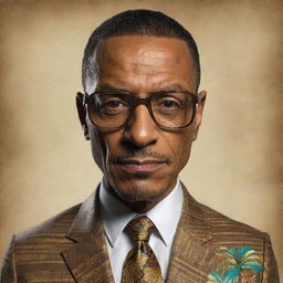 Create an image of Gustavo Fring, the character from Breaking Bad, in the style of a Polynesian tiki mask, maintaining his iconic suit and glasses.