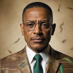 Create an image of Gustavo Fring, the character from Breaking Bad, in the style of a Polynesian tiki mask, maintaining his iconic suit and glasses.