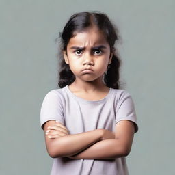 A young girl with an angry expression, her eyebrows furrowed and her arms crossed