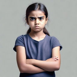 A young girl with an angry expression, her eyebrows furrowed and her arms crossed