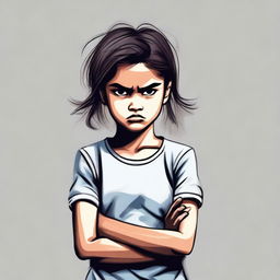 A young girl with an angry expression, her eyebrows furrowed and her arms crossed