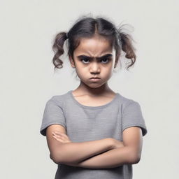 A young girl with an angry expression, her eyebrows furrowed and her arms crossed