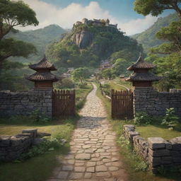 A 3D animated Disney-style poster titled 'Kampung Songgom'. Show a sceneric uphill road leading into a gate with 'Tanjung Village' on top. The gate should embody the aesthetic of a royal era.