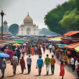 A vibrant scene of Delhi showcasing its iconic monuments, bustling streets, colorful stalls, and diverse people