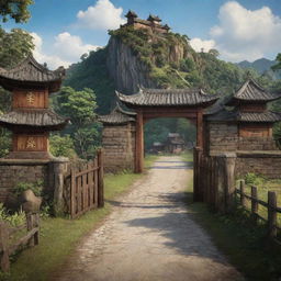 A 3D animated Disney-style poster titled 'Kampung Songgom'. Show a sceneric uphill road leading into a gate with 'Tanjung Village' on top. The gate should embody the aesthetic of a royal era.