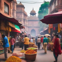 A vibrant scene of Delhi showcasing its iconic monuments, bustling streets, colorful stalls, and diverse people