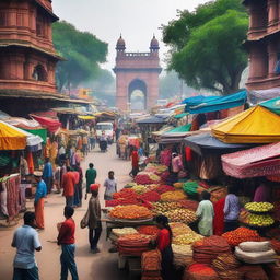 A vibrant scene of Delhi showcasing its iconic monuments, bustling streets, colorful stalls, and diverse people