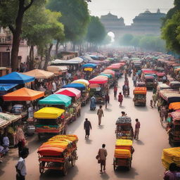 A vibrant scene of Delhi showcasing its iconic monuments, bustling streets, colorful stalls, and diverse people