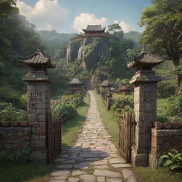 A 3D animated Disney-style poster titled 'Kampung Songgom'. Show a sceneric uphill road leading into a gate with 'Tanjung Village' on top. The gate should embody the aesthetic of a royal era.