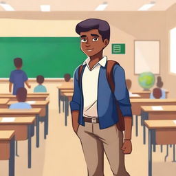 A scene inside a classroom featuring a brave student standing confidently