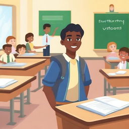 A scene inside a classroom featuring a brave student standing confidently