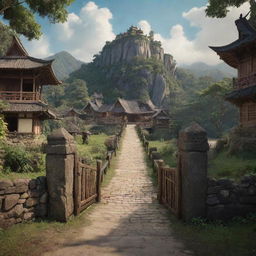 A 3D animated Disney-style poster titled 'Kampung Songgom'. Show a sceneric uphill road leading into a gate with 'Tanjung Village' on top. The gate should embody the aesthetic of a royal era.