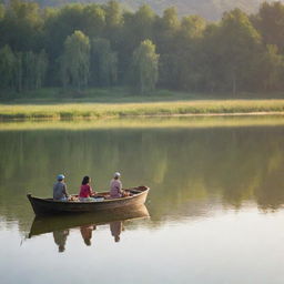 A simple yet charming scene of people fishing on a calm lake, engrossed in storytelling with joyful expressions under a mild, radiant sunlight.