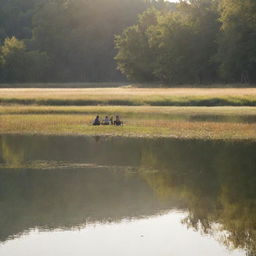 A simple yet charming scene of people fishing on a calm lake, engrossed in storytelling with joyful expressions under a mild, radiant sunlight.