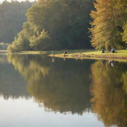 A simple yet charming scene of people fishing on a calm lake, engrossed in storytelling with joyful expressions under a mild, radiant sunlight.