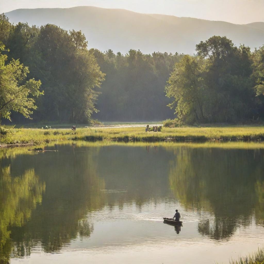 A simple yet charming scene of people fishing on a calm lake, engrossed in storytelling with joyful expressions under a mild, radiant sunlight.