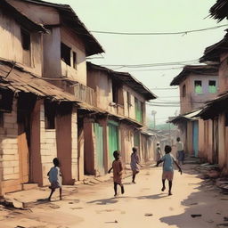 A depiction of a poor neighborhood with children playing in the streets