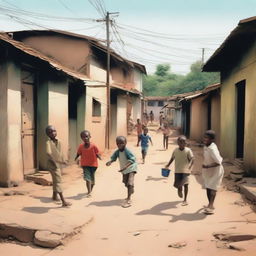 A depiction of a poor neighborhood with children playing in the streets