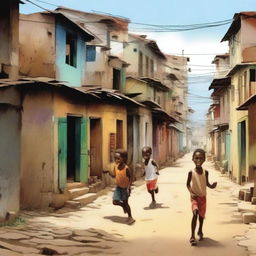 A depiction of a poor neighborhood with children playing in the streets