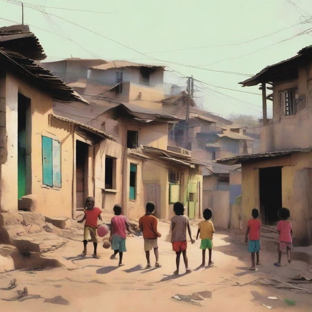 A depiction of a poor neighborhood with children playing in the streets