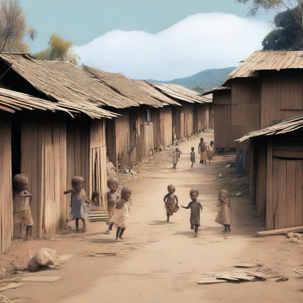 A depiction of a poor neighborhood with wooden houses and children playing in the streets