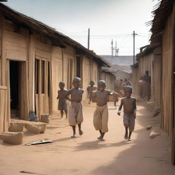 A depiction of a poor neighborhood with wooden houses and children playing in the streets