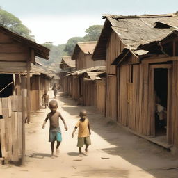 A depiction of a poor neighborhood with wooden houses and children playing in the streets