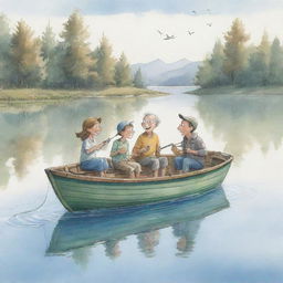 A light-hearted cartoon sketch of cheerful individuals fishing in a boat, engaged in storytelling, amid a serene lake setting.