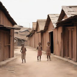 A depiction of a poor neighborhood with wooden houses and children playing in the streets