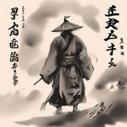 A warrior with stitch marks all over his body, wearing a bamboo hat, walking forward under thick clouds