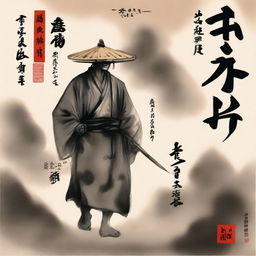 A warrior with stitch marks all over his body, wearing a bamboo hat, walking forward under thick clouds