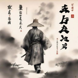 A warrior with stitch marks all over his body, wearing a bamboo hat, walking forward under thick clouds