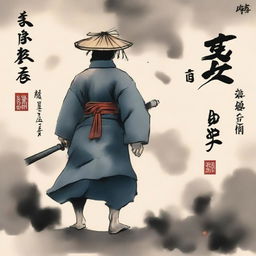 A warrior with stitch marks all over his body, wearing a bamboo hat, walking forward under thick clouds