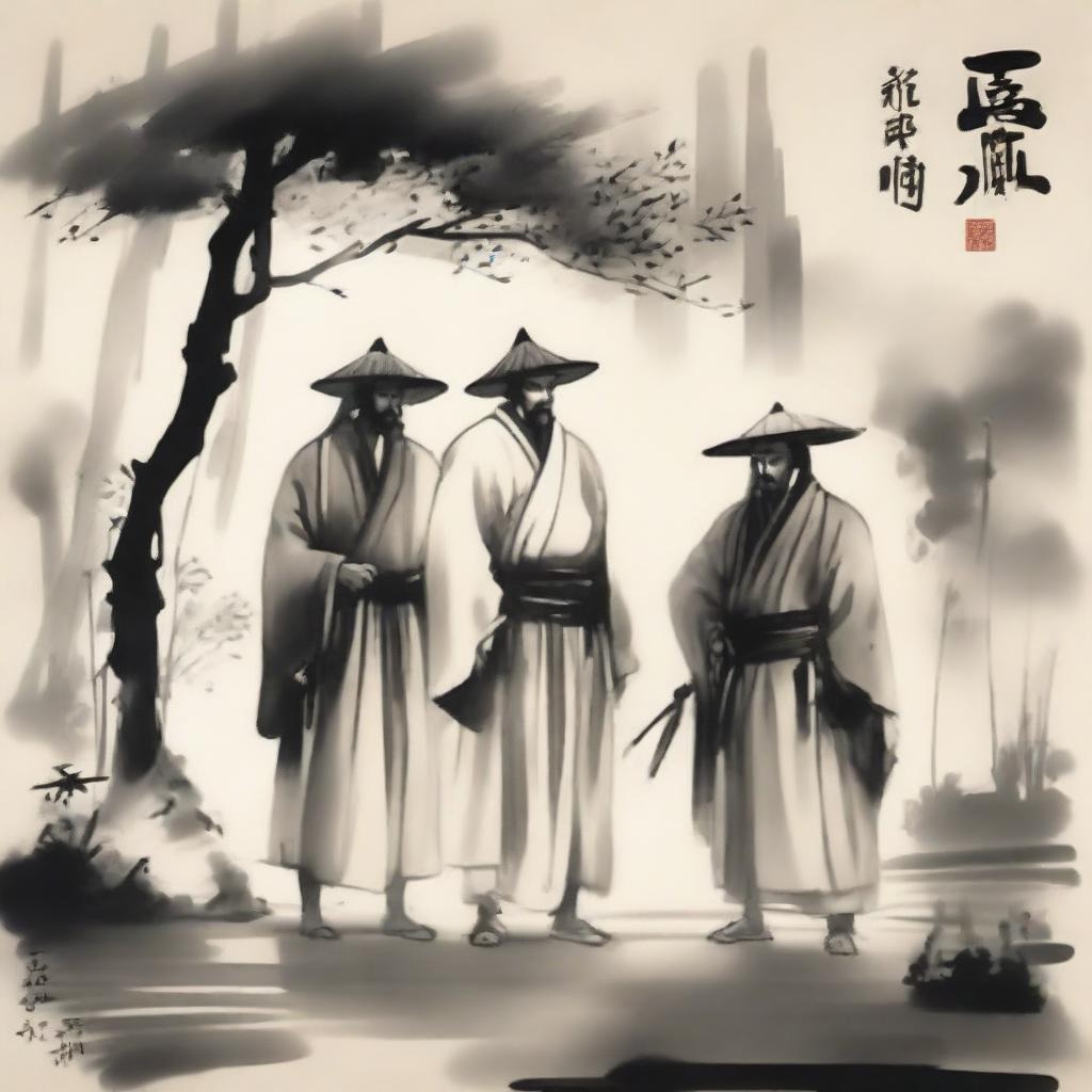 In an ink wash painting style, under thick clouds, three people are standing