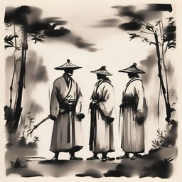 In an ink wash painting style, under thick clouds, three people are standing