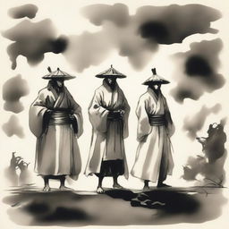 In an ink wash painting style, under thick clouds, three people are standing