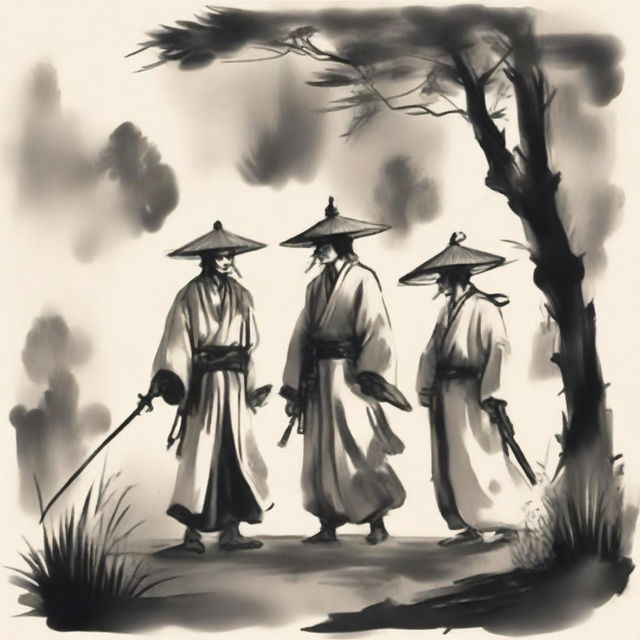 In an ink wash painting style, under thick clouds, three people are standing