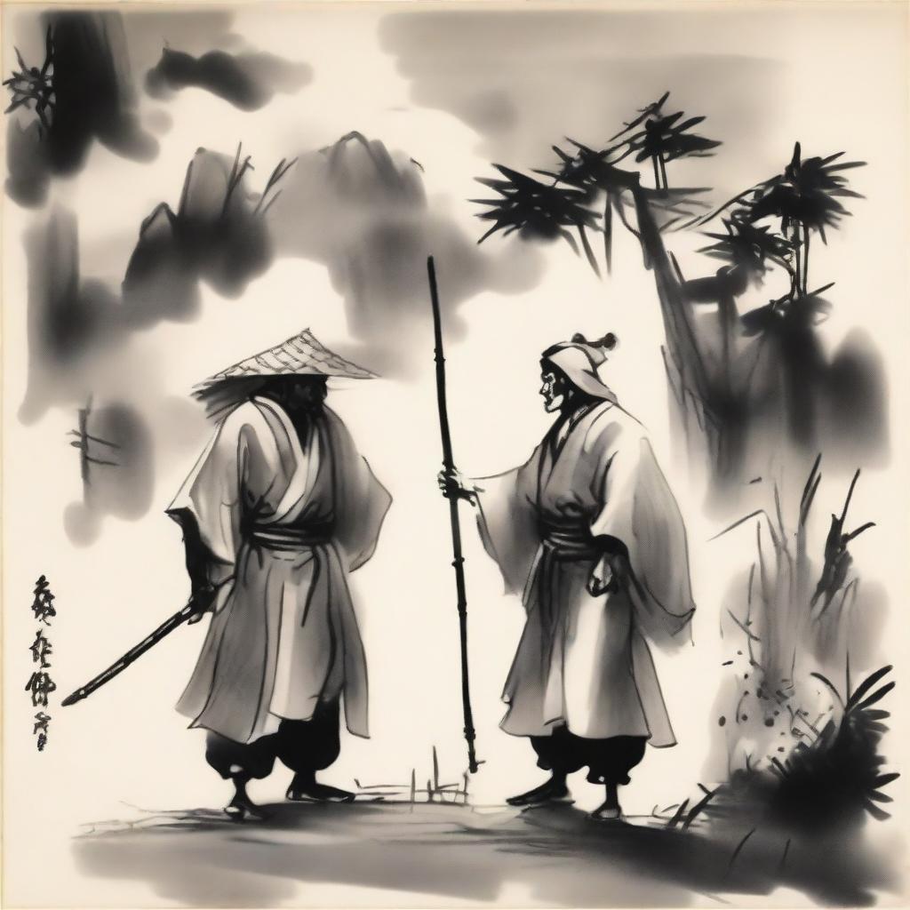 In an ink wash painting style, under thick clouds, there is a warrior wearing a bamboo hat in the center; to the left is a swordsman in a white robe with a head crown; to the right is a doctor wearing a square scarf