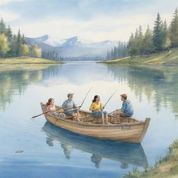 A light-hearted cartoon sketch of cheerful individuals fishing in a boat, engaged in storytelling, amid a serene lake setting.