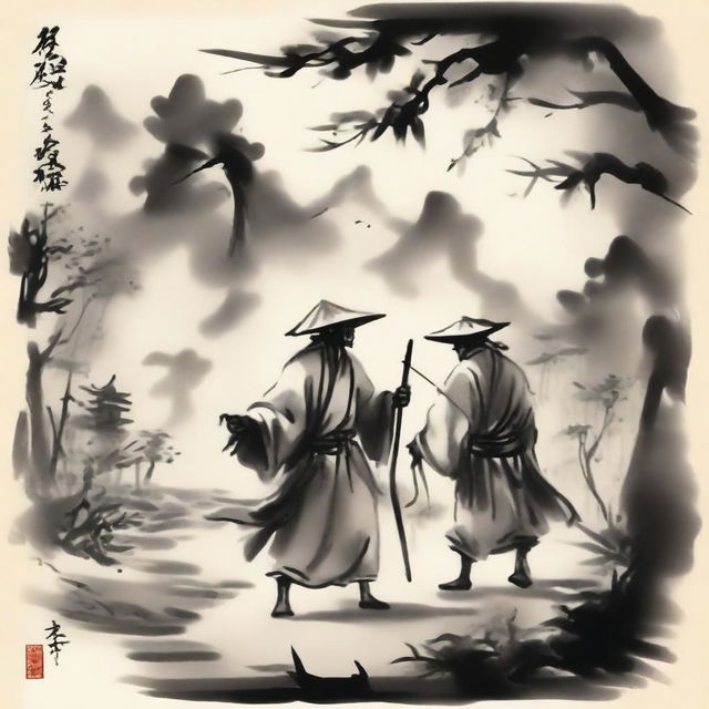 In an ink wash painting style, under thick clouds, there is a warrior wearing a bamboo hat in the center; to the left is a swordsman in a white robe with a head crown; to the right is a doctor wearing a square scarf