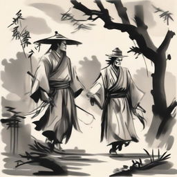 In an ink wash painting style, under thick clouds, there is a warrior wearing a bamboo hat in the center; to the left is a swordsman in a white robe with a head crown; to the right is a doctor wearing a square scarf