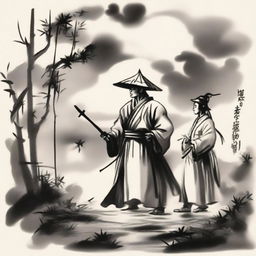 In an ink wash painting style, under thick clouds, there is a warrior wearing a bamboo hat in the center; to the left is a swordsman in a white robe with a head crown; to the right is a doctor wearing a square scarf