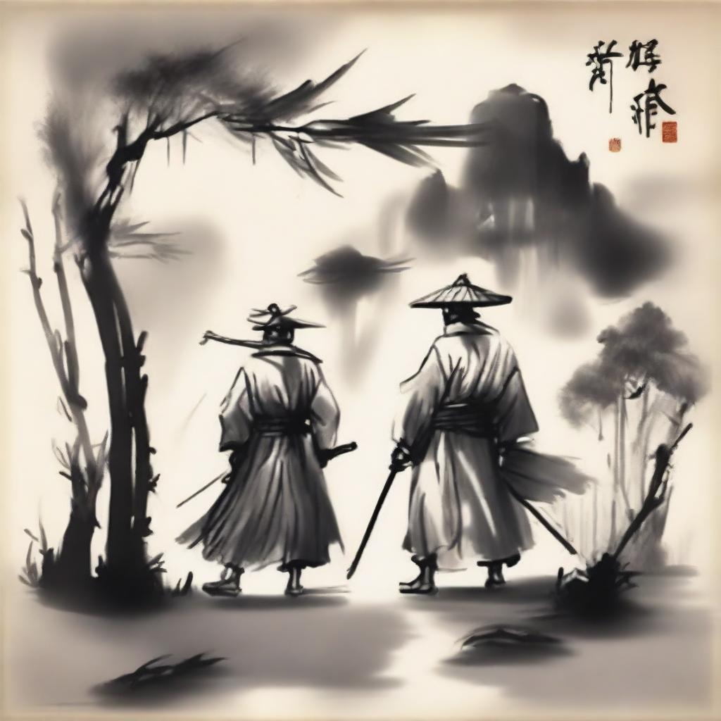 In an ink wash painting style, under thick clouds, there is a warrior wearing a bamboo hat in the center; to the left is a swordsman in a white robe with a head crown; to the right is a doctor wearing a square scarf