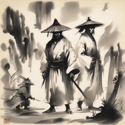 In an ink wash painting style, under thick clouds, there is a warrior wearing a bamboo hat in the center; to the left is a swordsman in a white robe with a head crown; to the right is a doctor wearing a square scarf