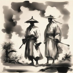 In an ink wash painting style, under thick clouds, there is a warrior wearing a bamboo hat in the center; to the left is a swordsman in a white robe with a head crown; to the right is a doctor wearing a square scarf