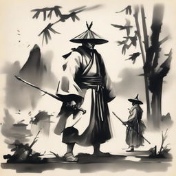 In an ink wash painting style, under thick clouds, there is a warrior wearing a bamboo hat in the center; to the left is a swordsman in a white robe with a head crown; to the right is a doctor wearing a square scarf