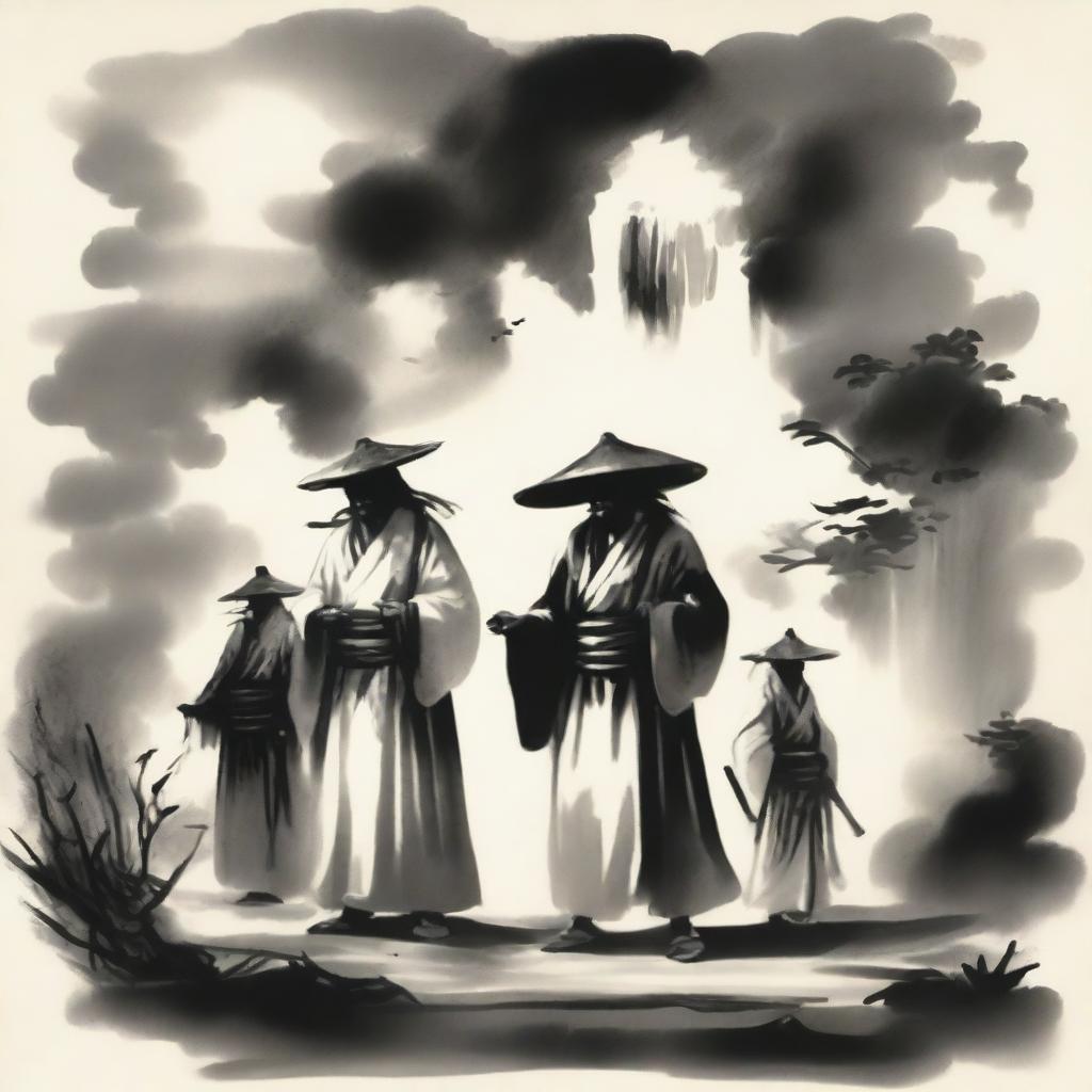 In an ink wash painting style, under thick clouds, three people are standing