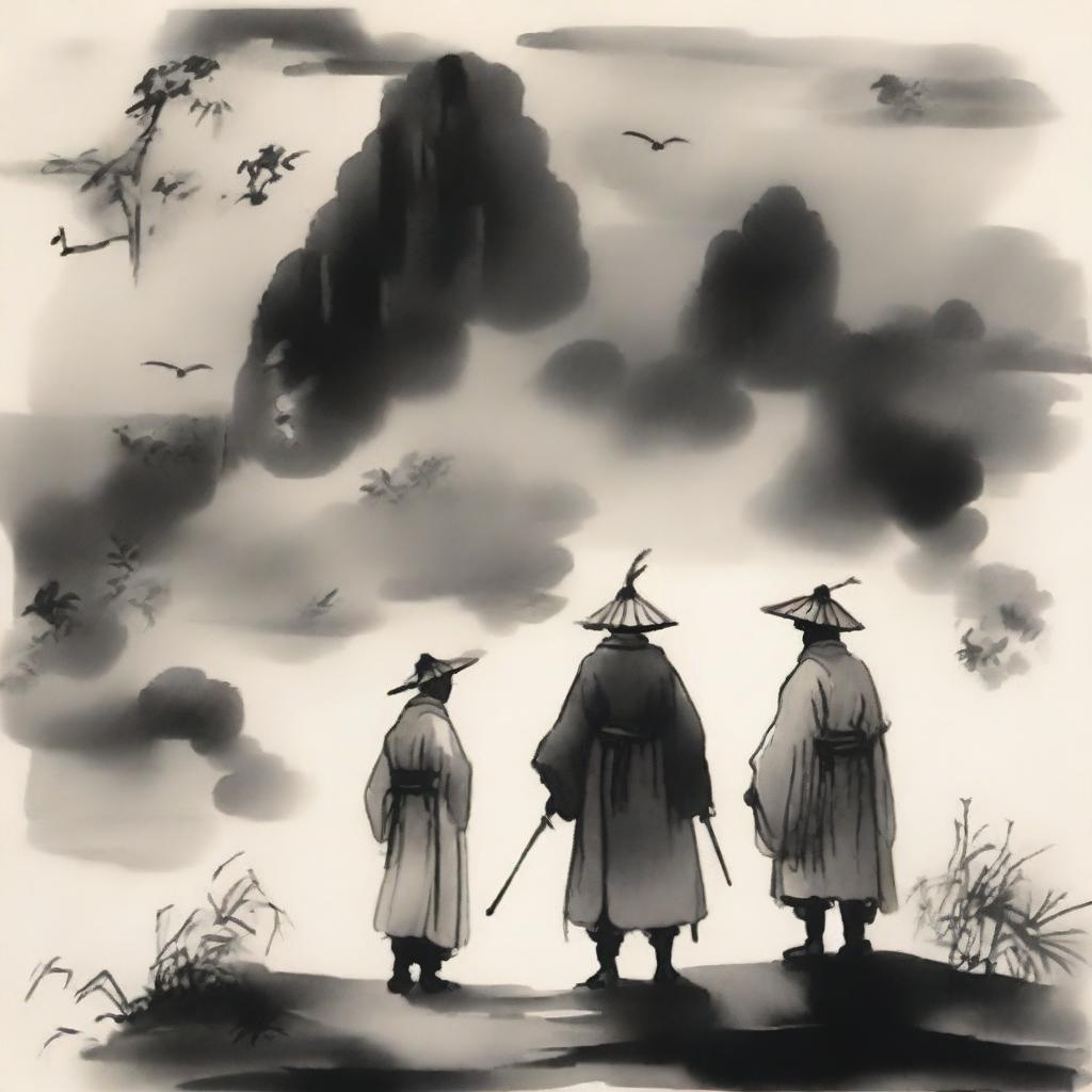 In an ink wash painting style, under thick clouds, three people are standing