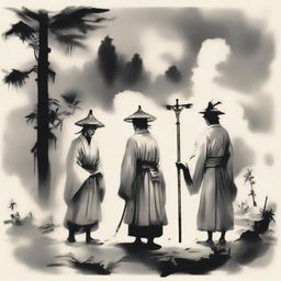 In an ink wash painting style, under thick clouds, three people are standing